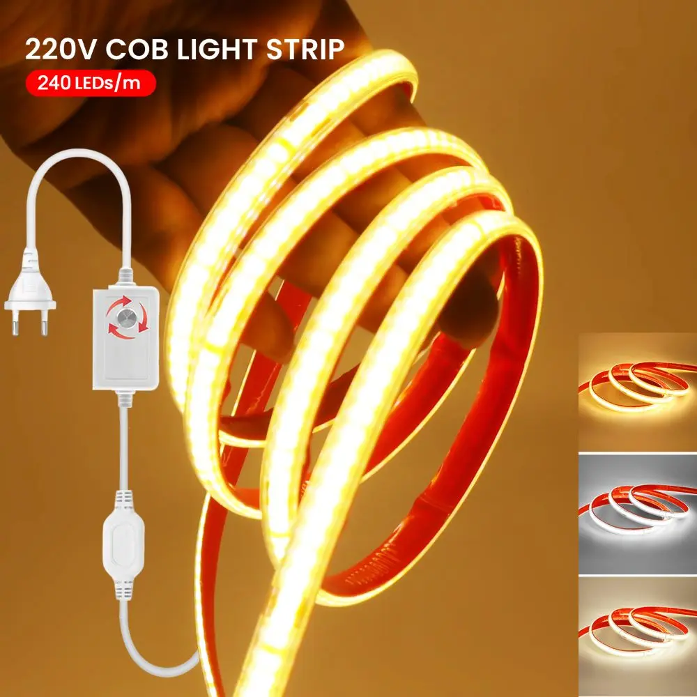 

220V Dimmable COB LED Strip Light with Switch/Dimmer EU Power Kit Ribbon Tape 240LEDs/M 10cm Cut Waterproof RA90 Flexible Lamp