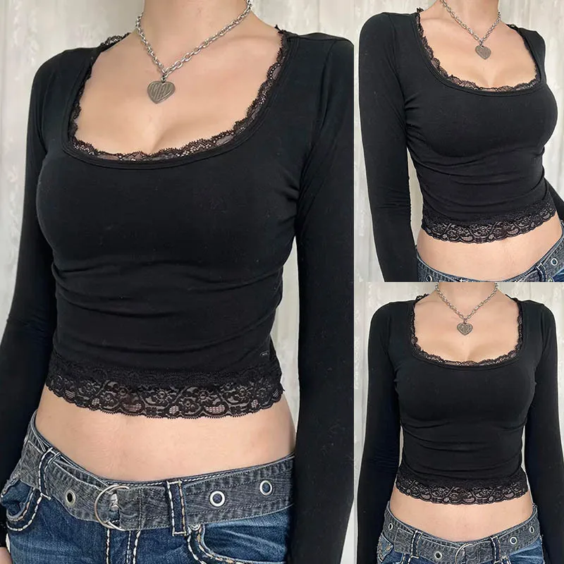 Long Sleeve Slim Lace Trim Tops Y2K Clothes Vintage Women 2000s Graphic Autumn Square Collar Pure Color Elegant Basic T-Shirt