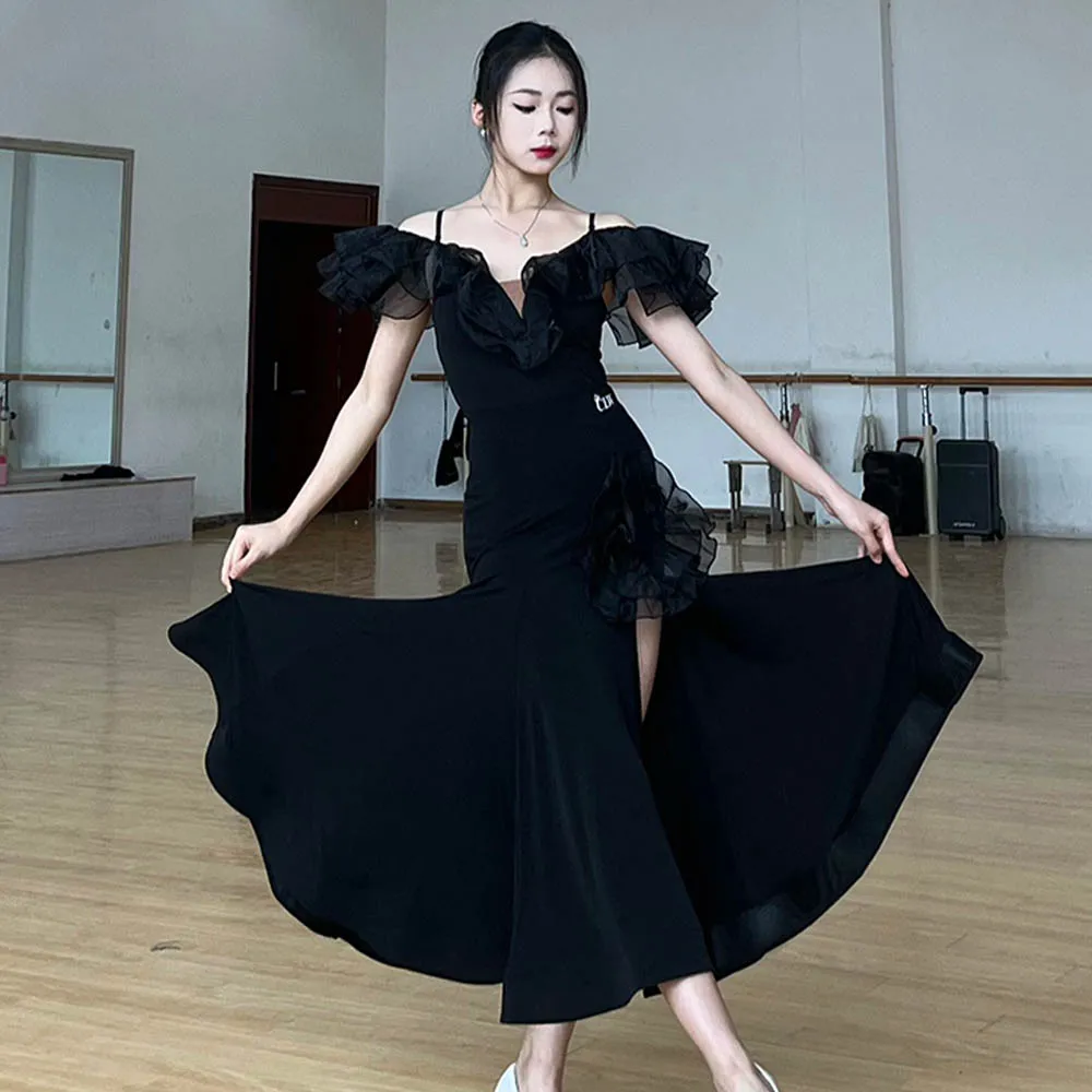 New Ballroom Dance Dress Women Balck Off Shoulder Top High Slit Skirt Standard Waltz Dance Dresses Dance Competition Wear VDL535