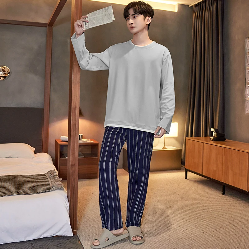 Full Pure Cotton Men Pajamas Sets Striped Print Long Pants And Grey Tops 2Pcs Sleepwear Men's Pijamas Suit Home Clothes Pyjamas