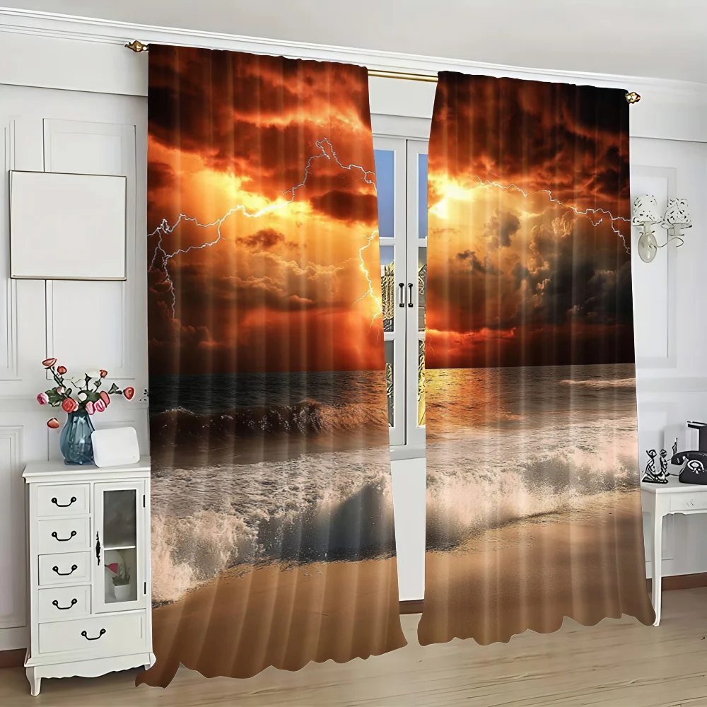 2Pcs Waves Stormy Lightning Backdrop Fabric 9X6Ft Dark Night Clouds Sky Sea Storm Seascape Sand Beach Thunder Background For Bad