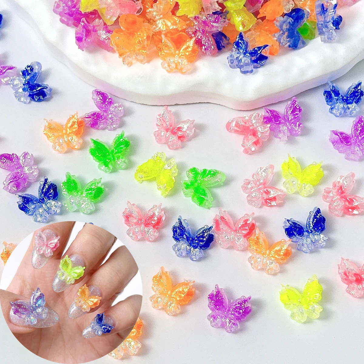 Creative Fluorescent Colorful Butterfly Resin Nail Charms 3D Double Layered Gradient Luminous Butterfly Nail Art Decorations DIY