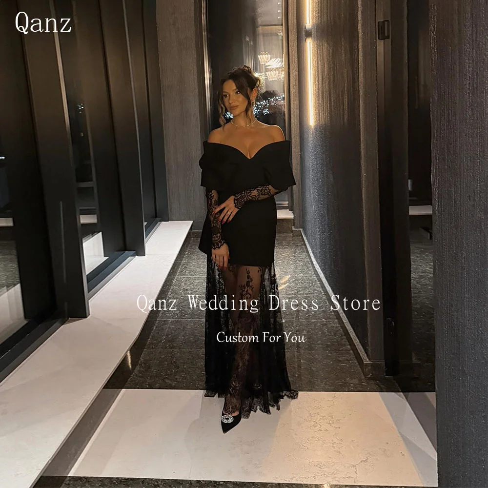

Qanz Graceful Black Evening Dress Off The Shoulder Lace Vestidos Para Eventos Especiales Illusion Prom Dresses Customized