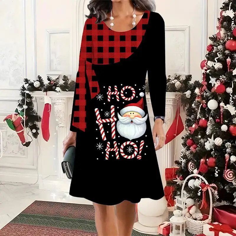 Elegante süße Santa Claus Schneemann Hirsch Druck Damen Kleid Neujahr Weihnachten Party lose lässig Langarm A-Linie Kleid Herbst