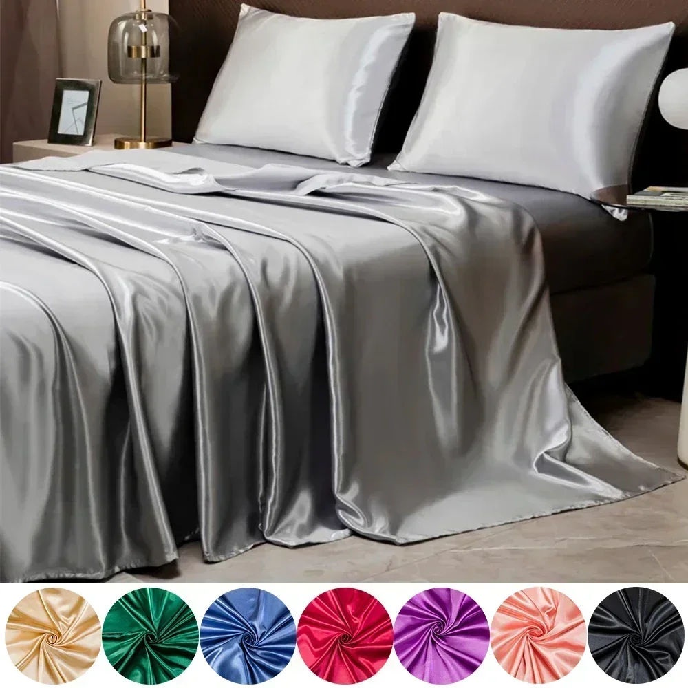 2/3PCS Luxurious Satin Fitted Sheet Set Soft Breathable and Gentle on Skin Includes Flat Sheet Fitted Sheet with Pillowcases view 3