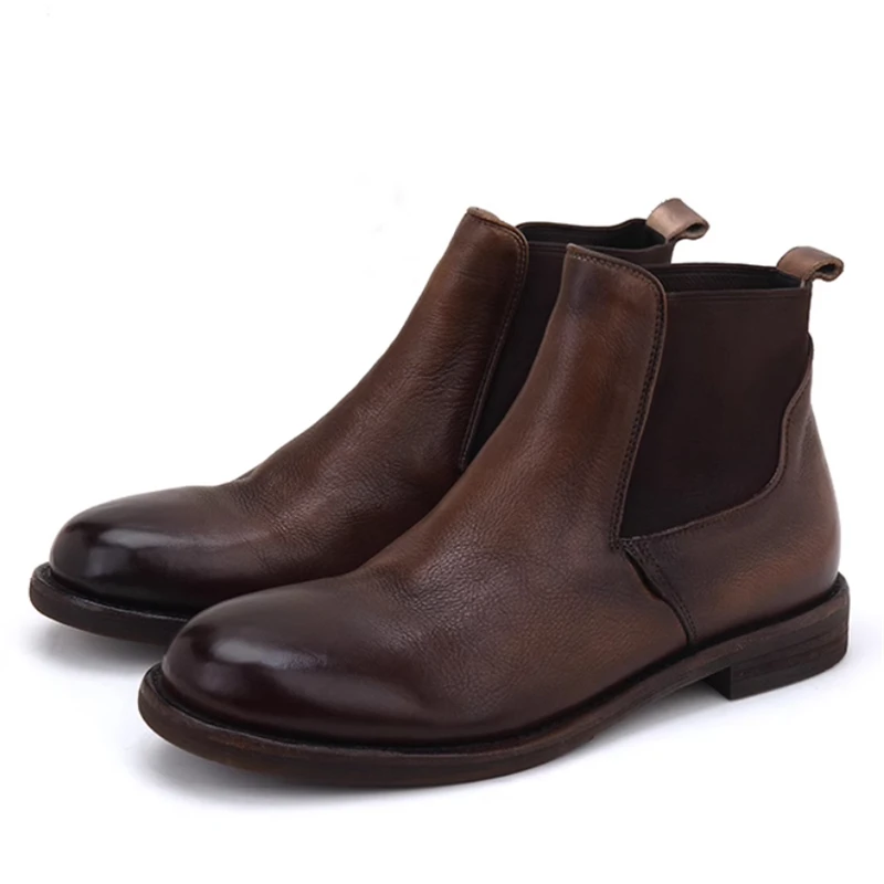 

British Genuine Leather Retro Handmade Round Toe Casual Chelsea Boots Men Shoes Trendy Comfortable Soft Soled Outdoor Work Boots