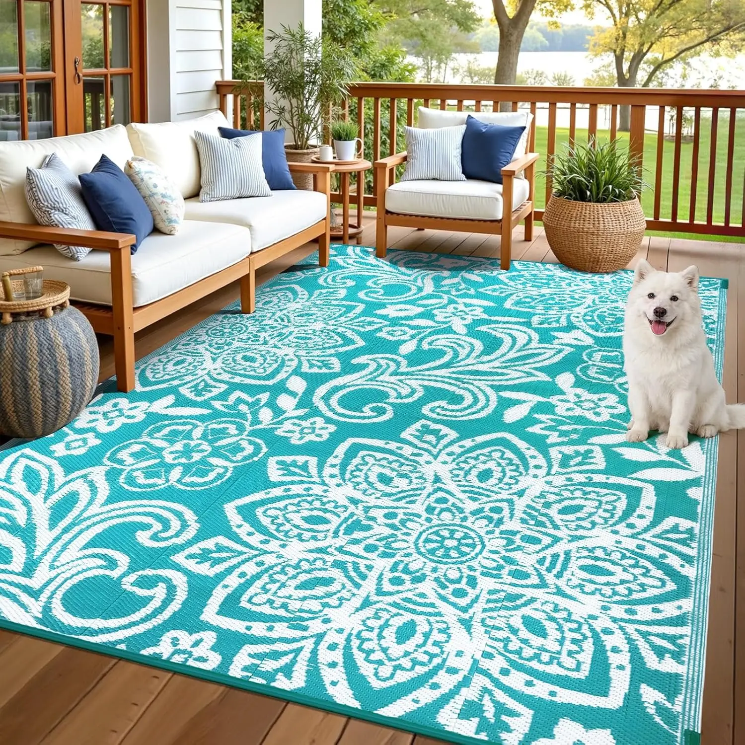 

Waterproof Outdoor Rug 6' x 9' - Reversible Mandala Outdoor Plastic Straw Rug, Durable Foldable Patio Rug for RV, Deck, Balco