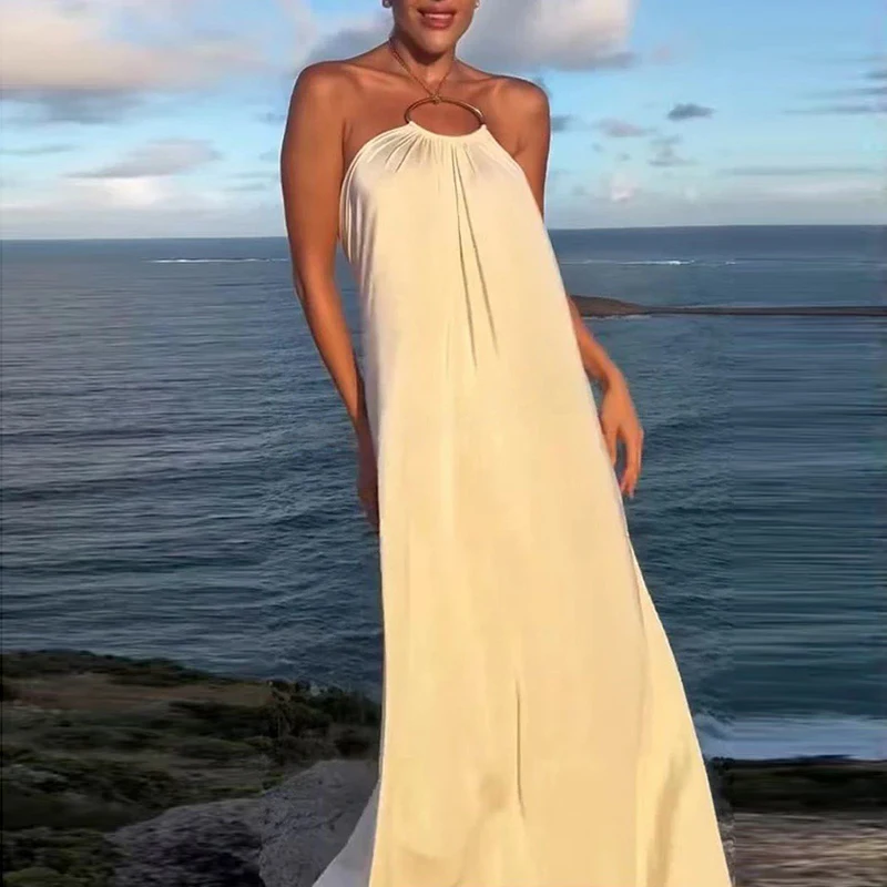 

Женское повседневное однотонное платье с висячим вырезом, 2026, летнее свободное свободное платье для отпуска, сексуальные платья-халат с открытой спиной