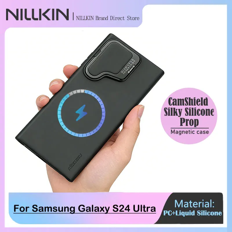 

NILLKIN Case for Samsung Galaxy S24 Ultra, Magnetic Silicone Cover with Kickstand, Lens Protection Stand, Heat/Cold Resistant