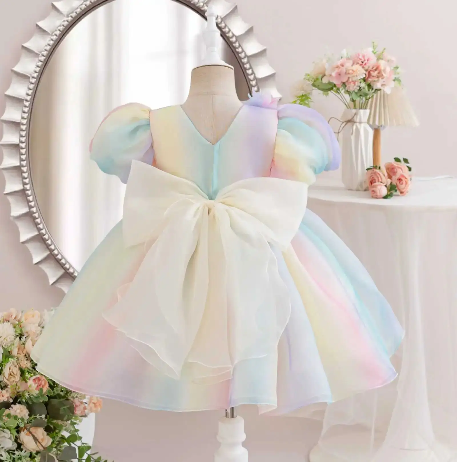 Flower Girl Dress Kid Girly Dresses with Big Bow Child Puffy Clothes Ball Gown Colorful