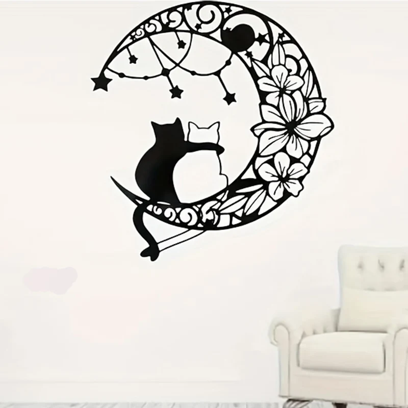 Metal Moon Cat Wall Art Iron Art Black Silhouette Wrought Iron Silhouette Decoration for Kitchen Office Bathroom Home