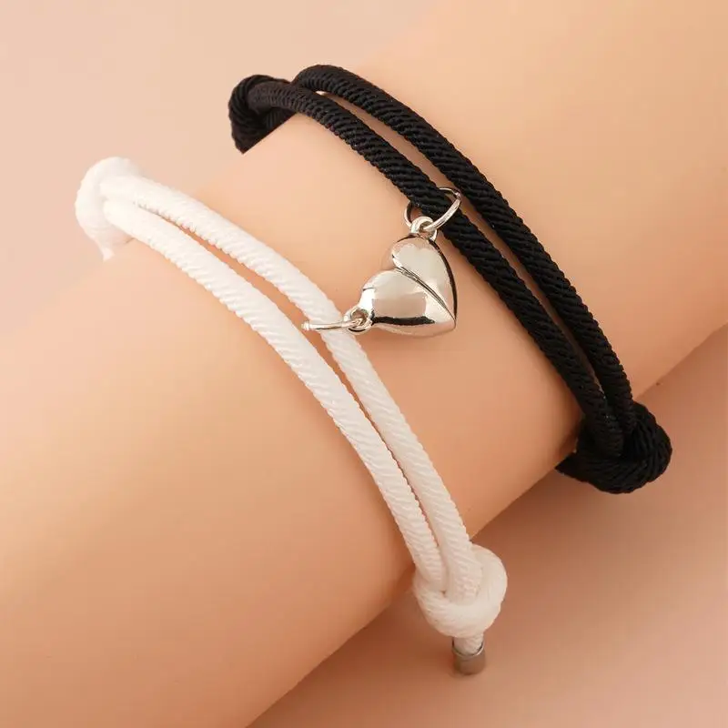 2 Pice Color Black White Hand Rope Love Magnetic Couple Good Friend Good Brother Party Student Travel Fashion Elegant Silver