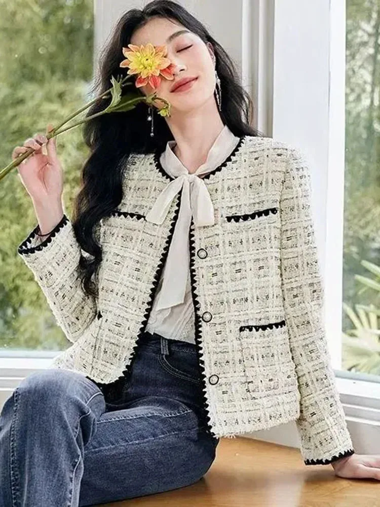 Korean Elegant O-neck Tweed Jackets Tops Women Casual Woolen Long Sleeve Coats Spring Fall Wool Blend Single Breasted Abrigos