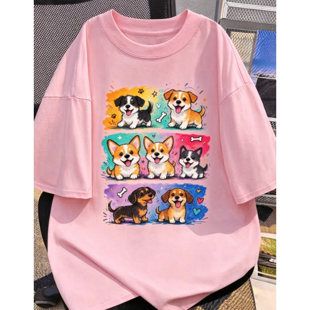 Women Oversized T-shirt Cute Hand Drawn Dog Graffiti Print Round Neck Short Sleeve Tee Summer Casual Streetwear Unisex Tops