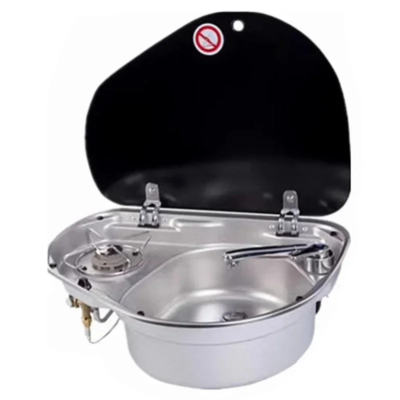 Stainless Steel 2-in-1 Water Tank Gas Stove for RVs and Yachts Gas Stove with Tempered Glass Cover and Water Basin