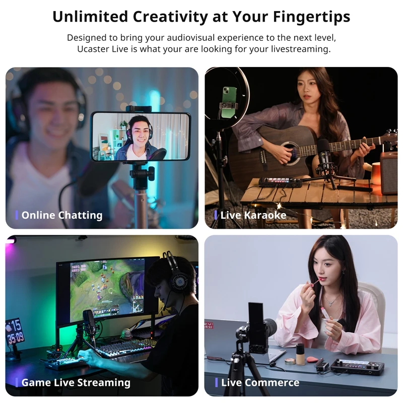 Ulanzi-AX01 Mixer de áudio, Tudo-em-um, Dual-core, DSP e OTG, Windows, Linux, Mac, OS, iOS, Android, Conversas Online, Jogo ao Vivo