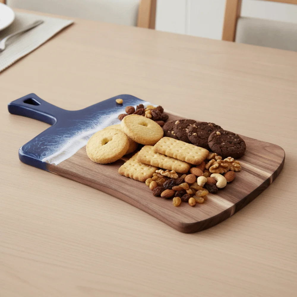 Sea Wave Pattern Resin-Wood Splicing Cutting Board Hanging Handle Rectangular Cheese Platter Thickened Chopping Block Gift