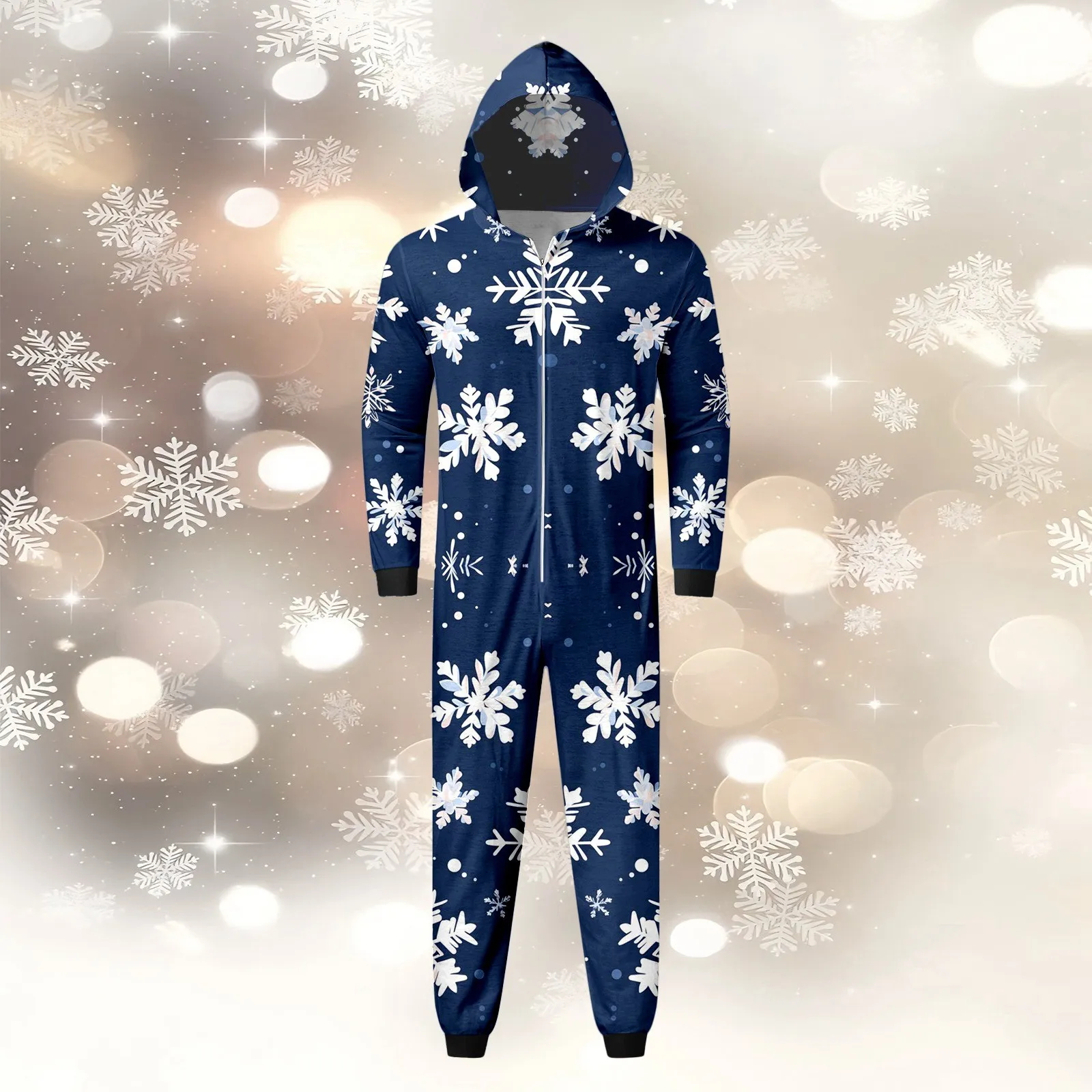 Christmas Family Pajamas Matching Outfit Snowflake Print Hooded Zip Up Loungewear Sleepwear New Year Festival One Piece Jumpsuit