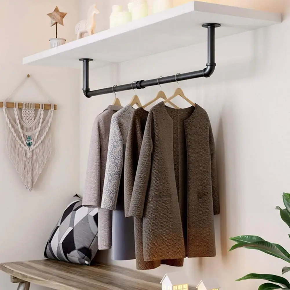 

1 Set 42 Inch Clothes Rail Wall Mounted Wide Application Wrought Iron Hanging Rob Storage Rack for Closet Multifunction