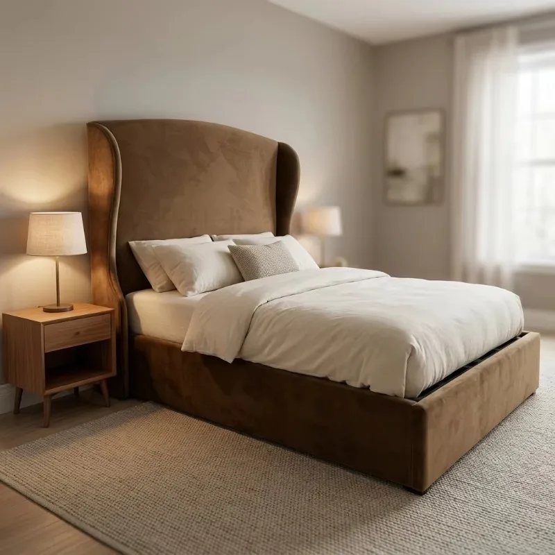 A queen double bed features a medieval style, a high headboard, upholstered fabric, storage space, and an eco-friendly wooden