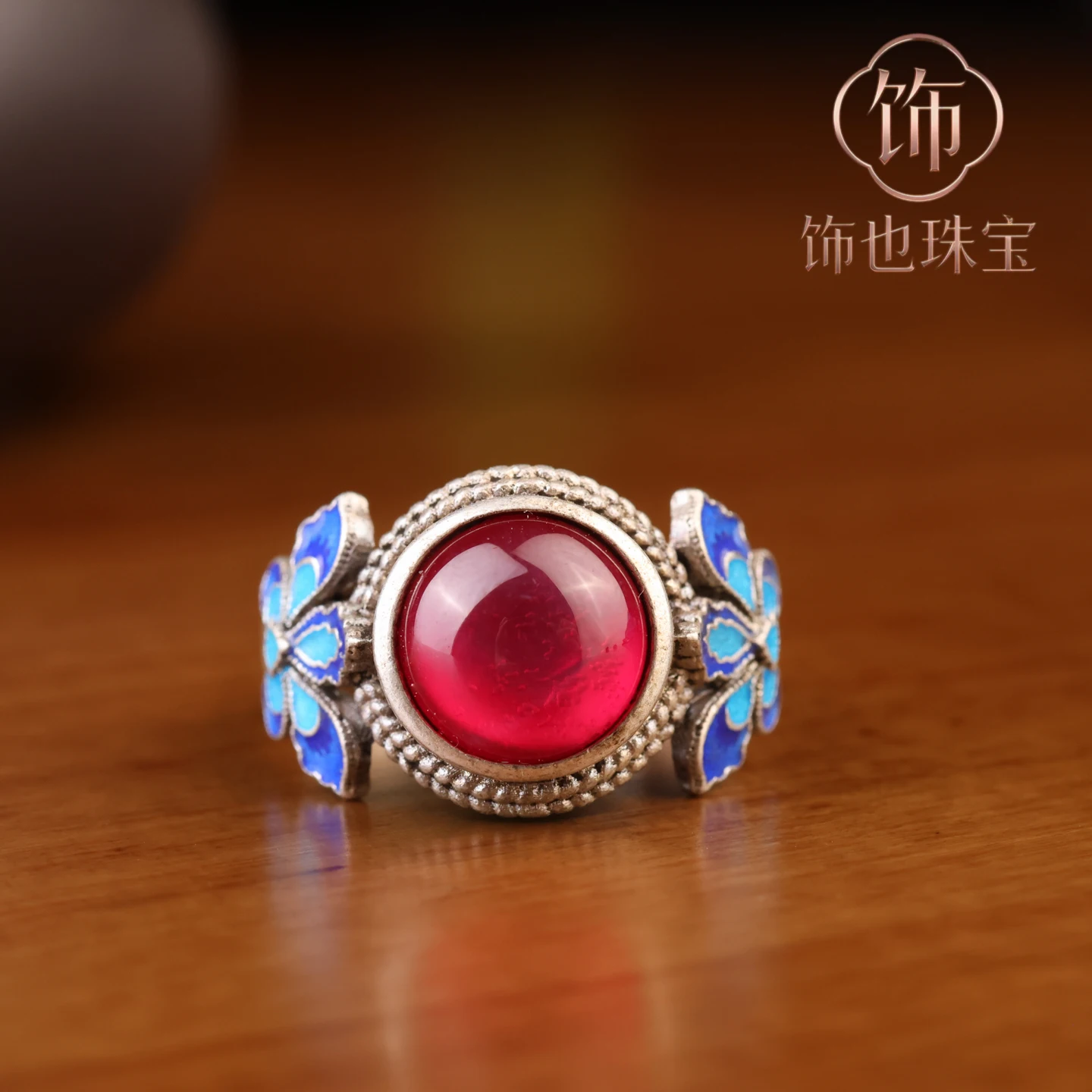 Antique Collection Cloisonne Old Silver Ring Seiko Inlaid Starlight Gemstone Miao Silver Open Ring Gift Silver Jewelry view 3