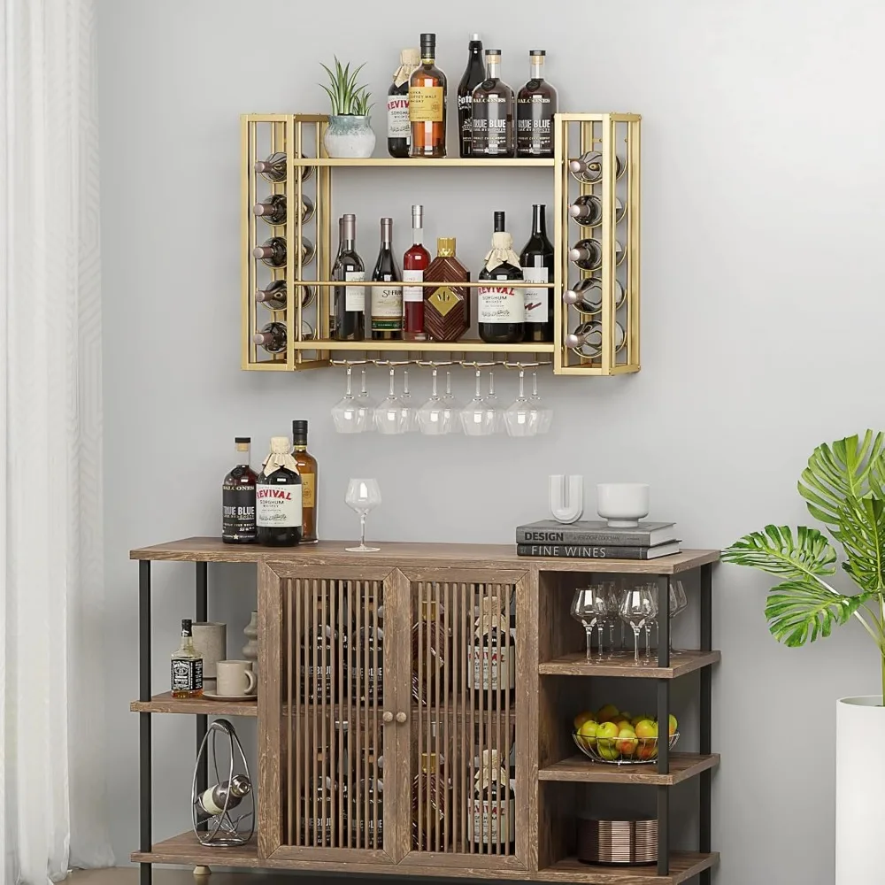 رف نبيذ أنيق مثبت على الحائط من المعدن والزجاج لتخزين فعال في الحانات المنزلية والمطابخ