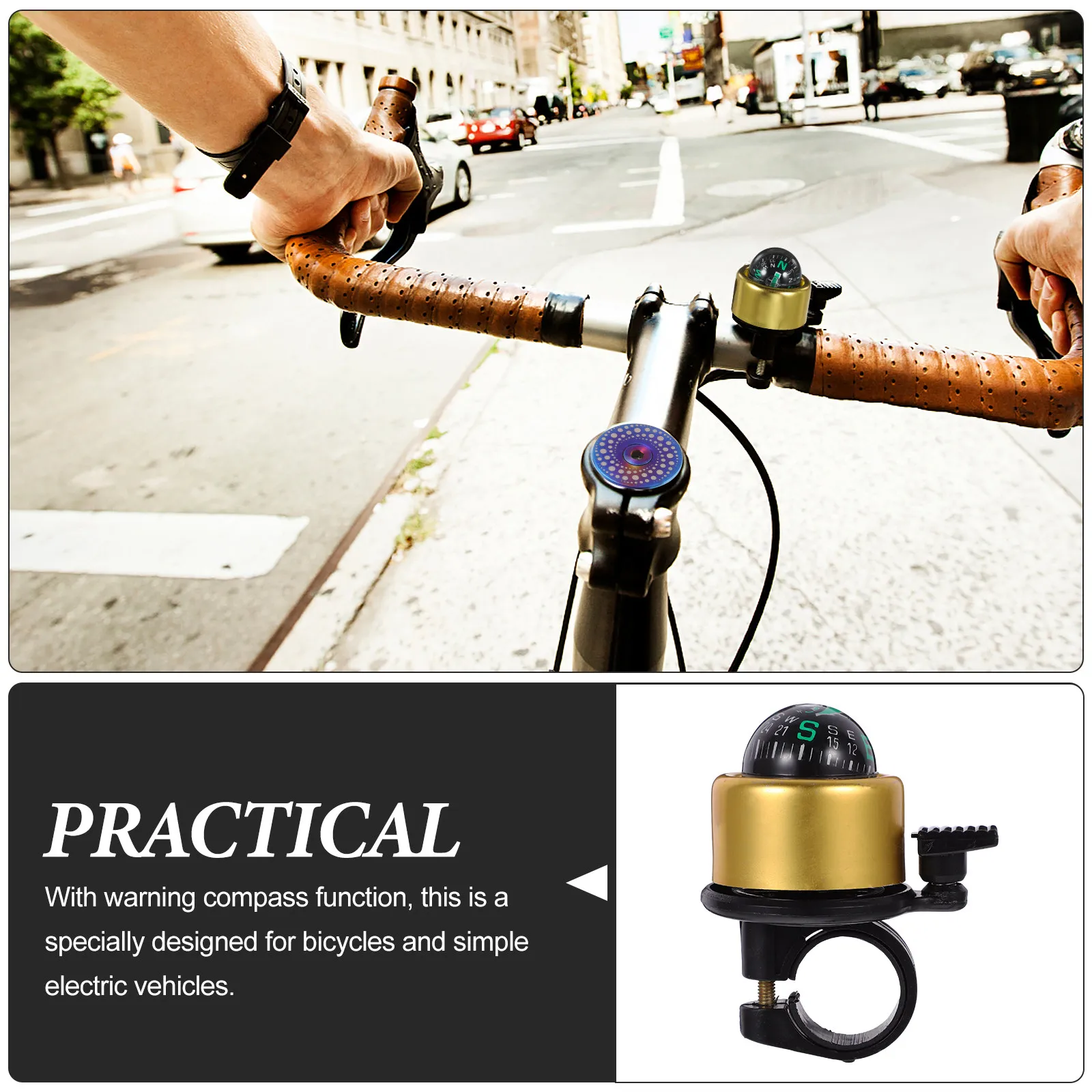 

Mountain Bike Compass Bell Dual Function Warning Ding Sound Rainproof Bicycle Bell for E-Bikes and Road Bikes Golden
