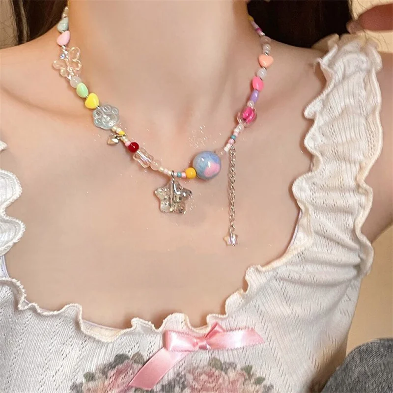 Summer Rainbow Candy Necklace Female Niche Accessories Sweet Cool Collarbone Chain Pentagram Pendant Beaded Necklace Gift