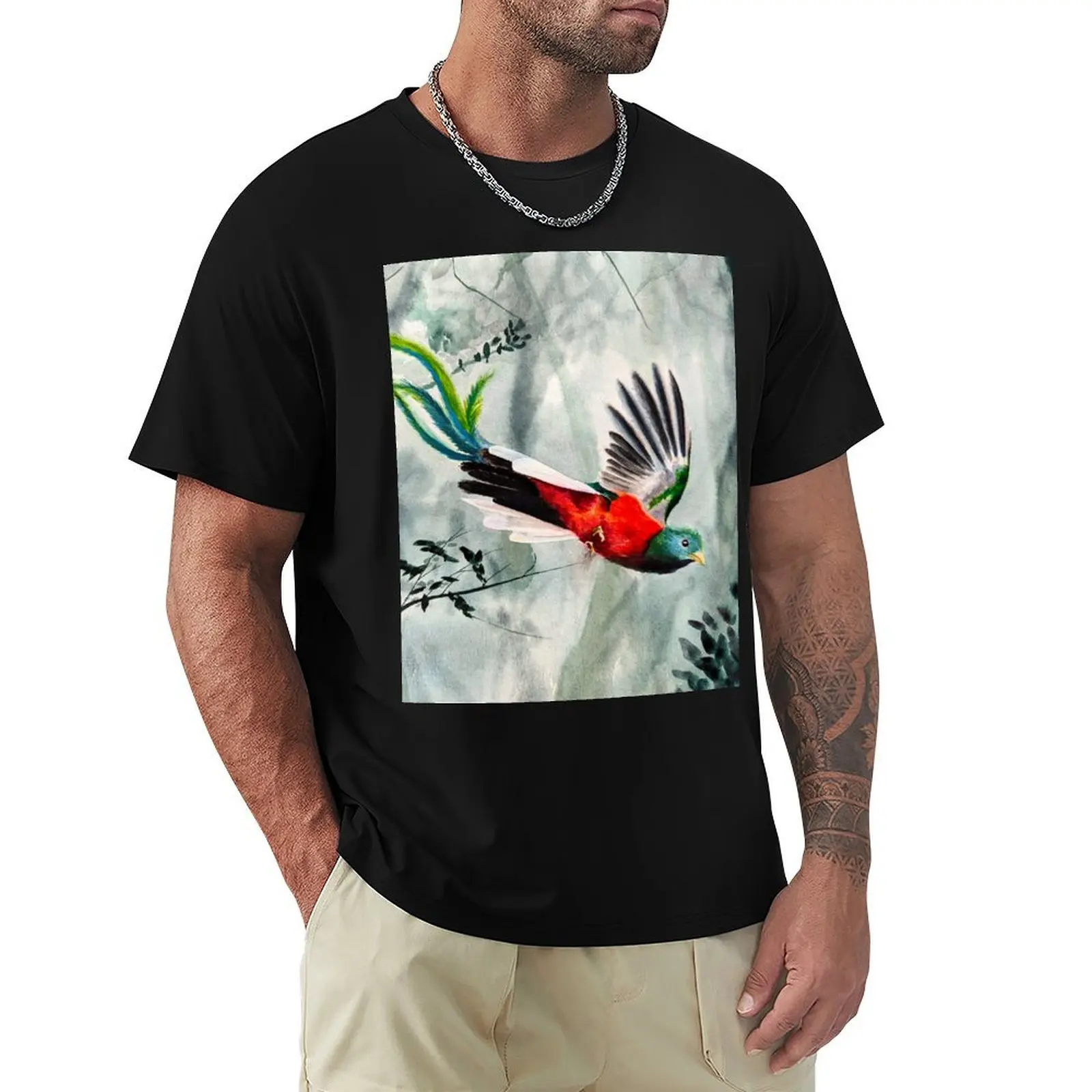 Quetzal Flying in Misty Forest T-Shirt Work Daily Short Sleeve Top