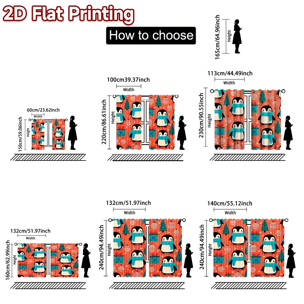 2D flat printing 2pcs Classic Hot Christmas Curtains Christmas Penguins and Trees Beautiful and stylish, 100% polyester fiber