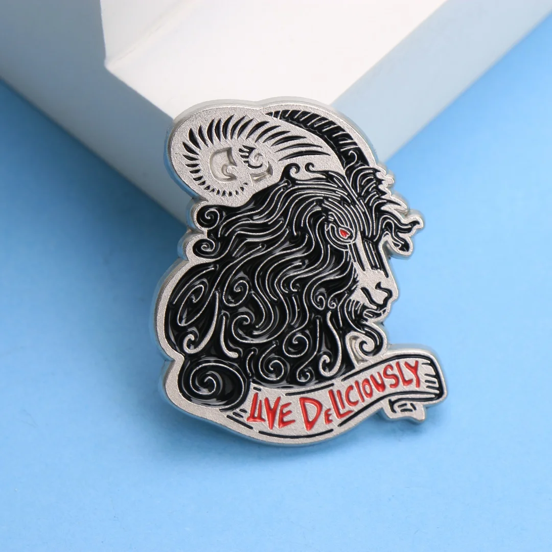LIVE DELICIOUSLY Goat Enamel Pin - Cartoon Punk Lapel Badge for Backpack Clothing DIY Gift