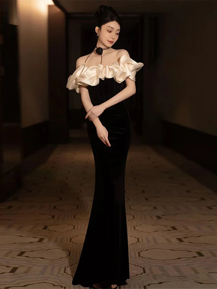 Elegant Velvet Evening Gown One Shoulder Wine Serving Dress for Bride Black High-End Performance Host New 2026 Style