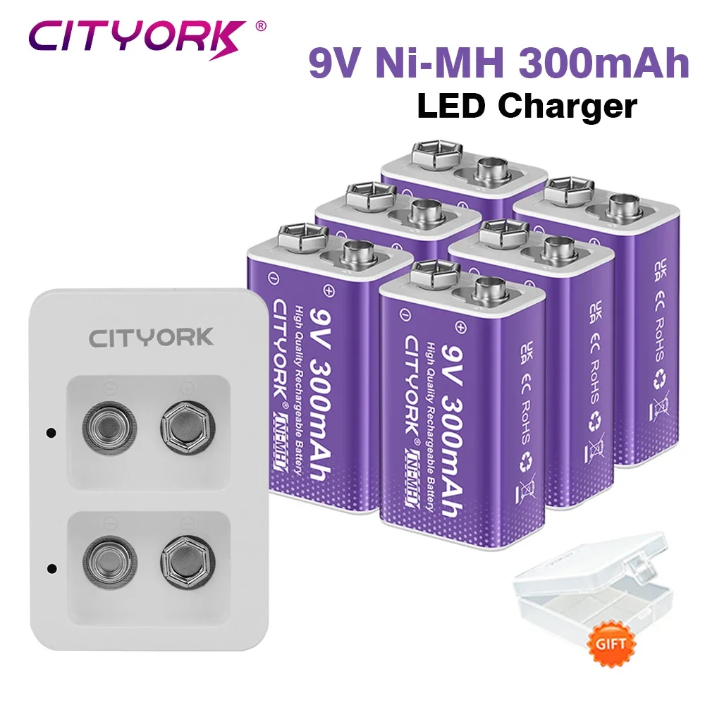 9V 6F22 NI-MH Rechargeable Battery 300mAh For Multimeter Microphone Guitar Metal Detector Smoke Alarm+LED Smart Battery Charger