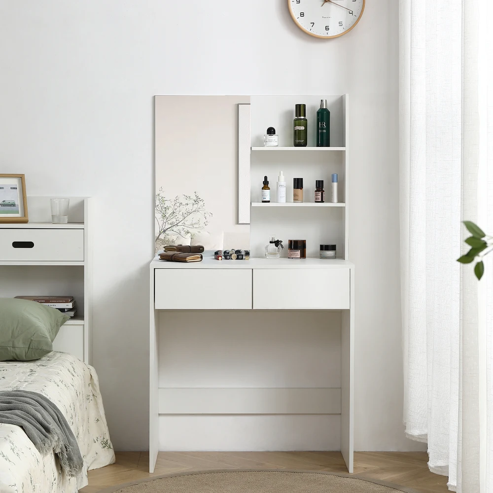 

Vanity Desk with Mirror, Dressing Table with 2 Drawers, Open Shelves for Small Bedroom, Living Room and Makeup Room