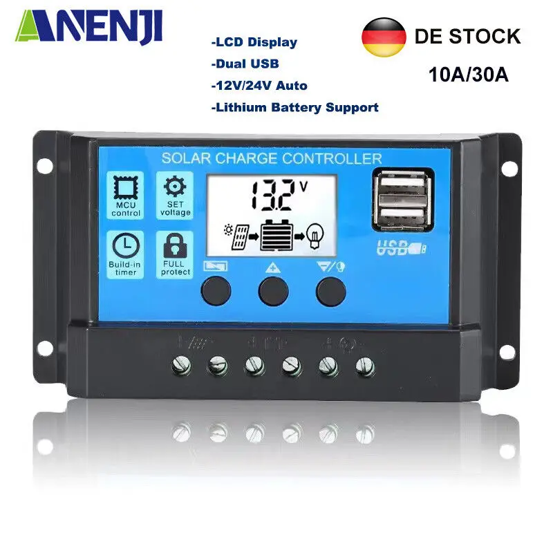 ANENJI 12V 24V Auto Solar Charge and Discharge Controller PWM 30A 10A LCD Solar Regulator with Dual USB 5V Output NO TAX