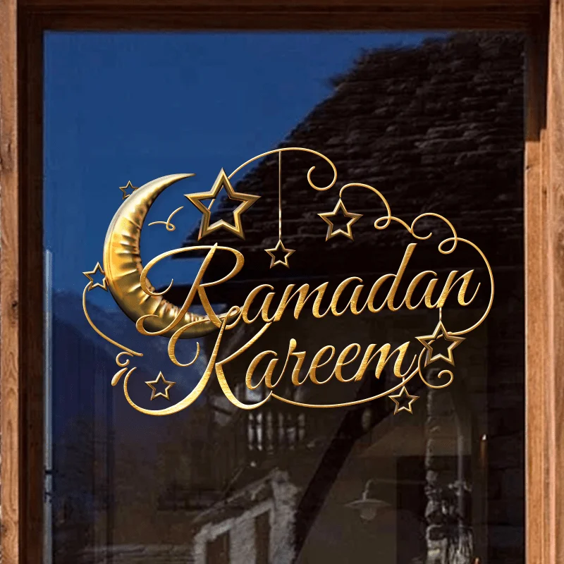1 pçs ramadan dos desenhos animados ouro lua adesivo de parede auto-adesivo eid al adha muçulmano gurbang ramadan decoração para casa