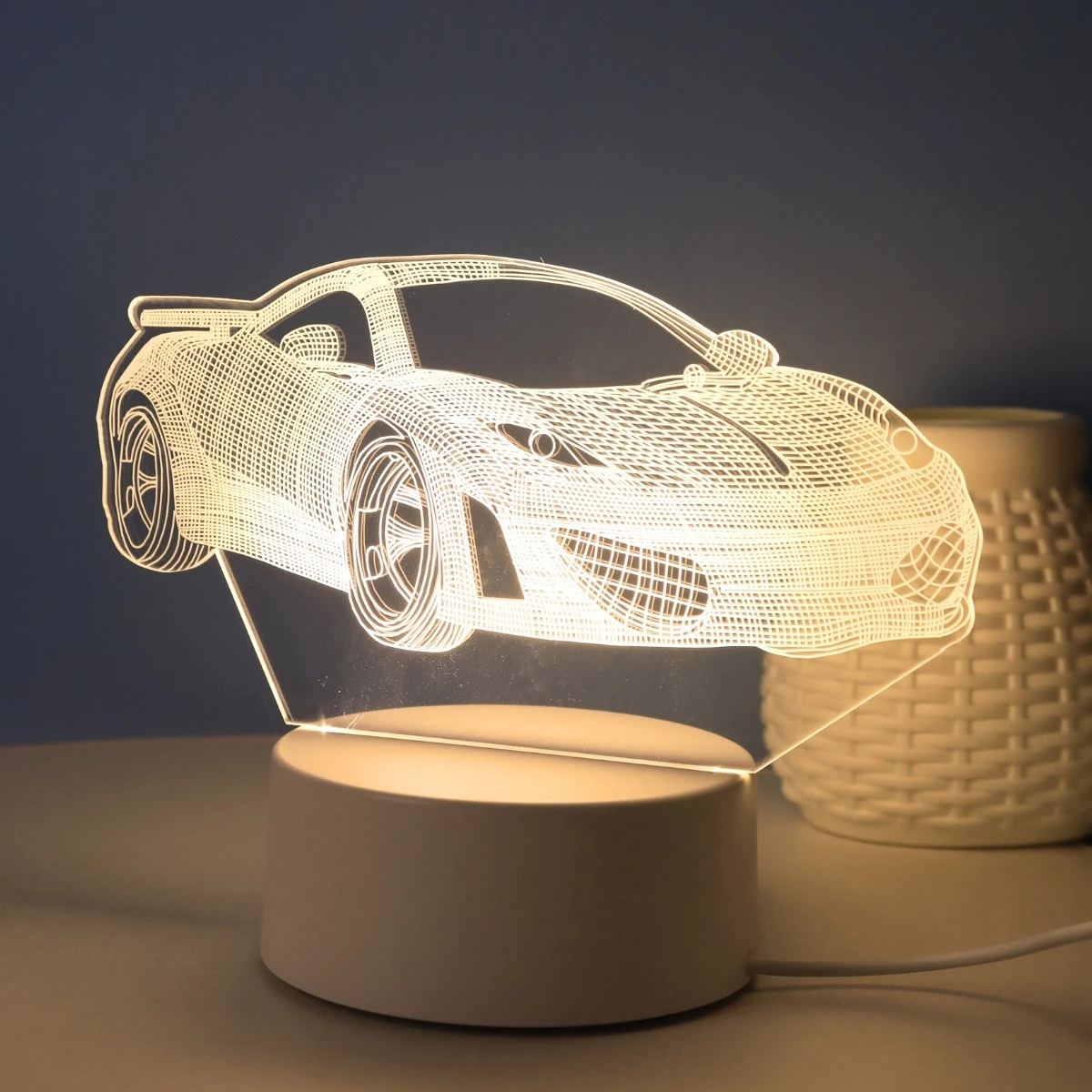 Cool 3D sports car night light, USB warm color light, home office study bedroom desktop decoration atmosphere light, gift light