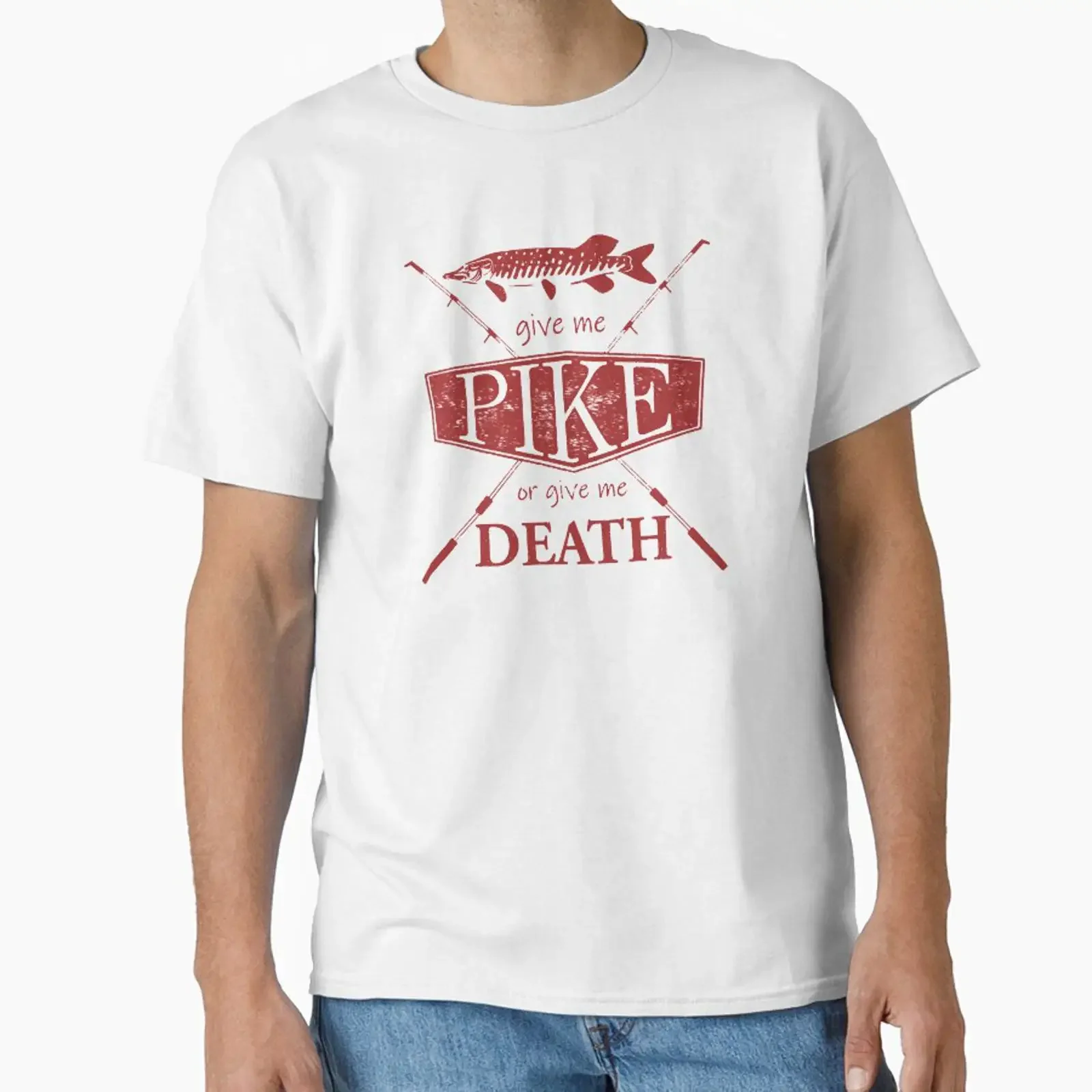Angler-T-Shirt „Gib mir Hecht oder den Tod“ in Rot, entworfen und verkauft von plaidshirtdesig, Vintage, gewaschene Designerkleidung, vielseitig einsetzbar.