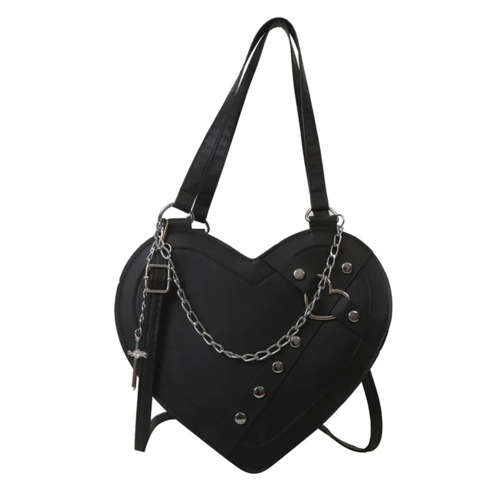

Vintage PU Leather Black Shoulder Bag Heart Shaped Large Capacity Gothic Tote Bag Portable Chain Rivet Women Crossbody Bag Girls