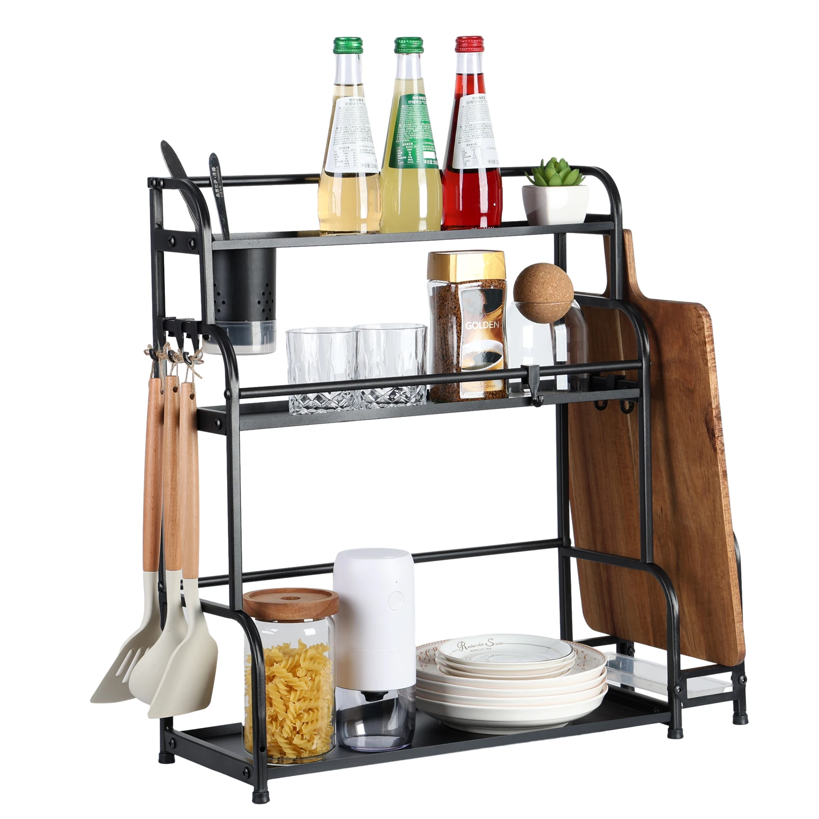 

Standing Spice Rack, 3-Tier Kitchen Countertop Shelf with Stepped Design, Spice Rack Organizer and Hooks,