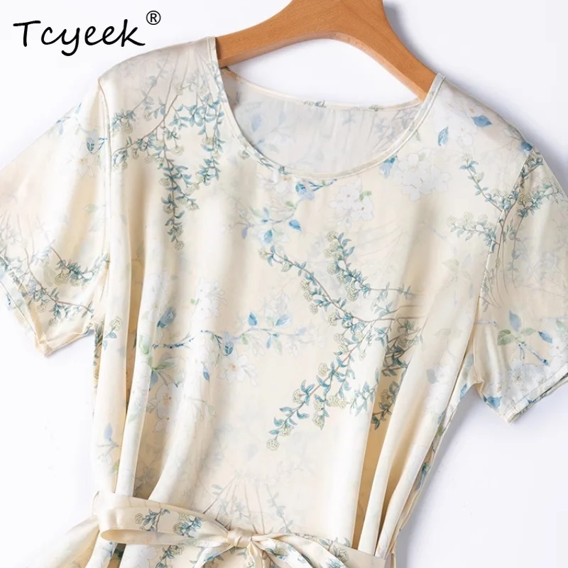 Tcyeek Women's 100% Mulberry Silk Dress,Plain Satin Printing Straight O-neck Loose Short Sleeved Summer Chemise Dress D55624JF
