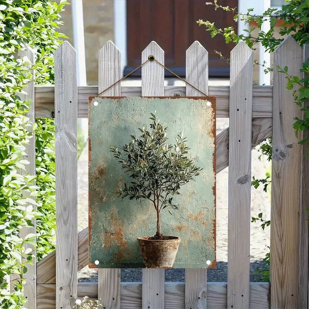 1 Piece of Vintage Olive Tree Metal Wall Decor Suitable for Home/Men's Cave/Cafe Decoration - Wrought Iron Olive Branch Design with Potted Plants, Mediterranean Style Bedroom Bar Hanging Decoration, Housewarming Gift, No Installation Required (No Maintenance Needed)