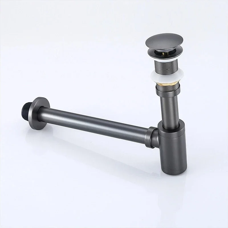 Grey Drains Set Brass Round Siphon P-TRAP Deodorization Bathroom Vanity Basin Pipe Waste With Pop Up Drainer Gun Grey