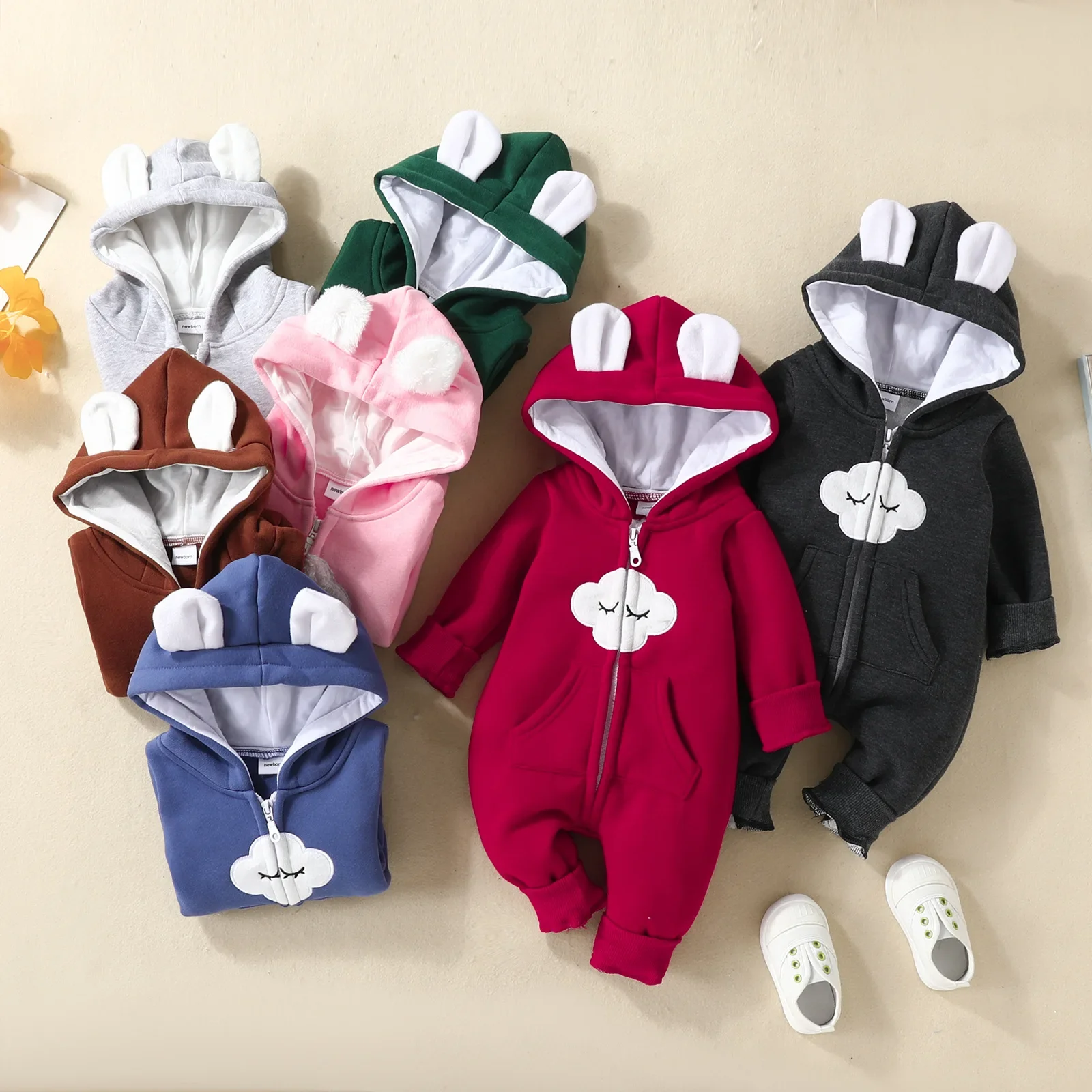 

Baby Romper Autumn and Winter Baby Long-sleeved Long-legged Cloud Star Moon Pattern Onesie with Cute Hooded Crawling Clothes