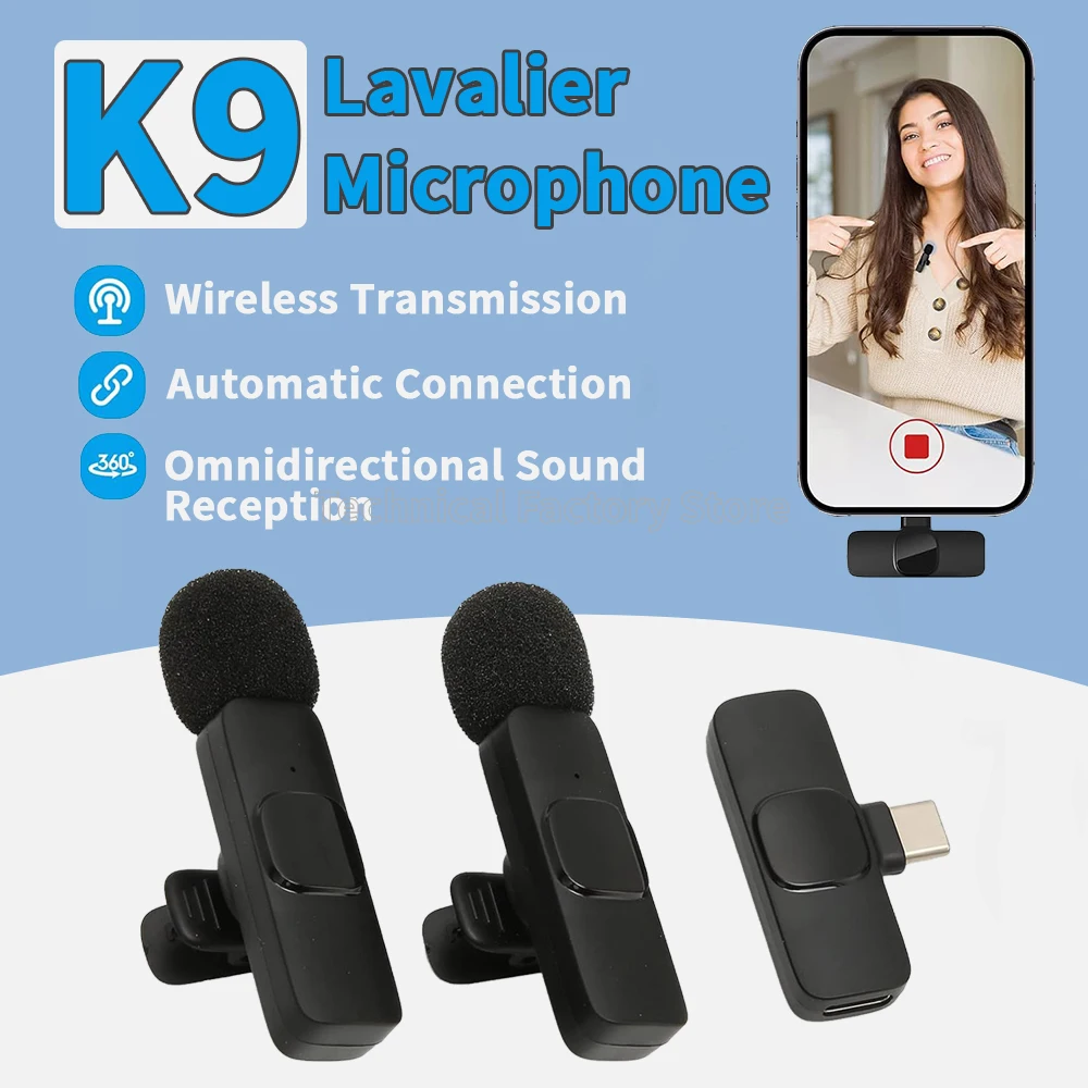 K9 Microfone Portátil Sem Fio, Mini Lapel Mic, Lavalier, Áudio, Gravação de Vídeo, iPhone, iPad, Tipo C, Telefone, 3,5mm