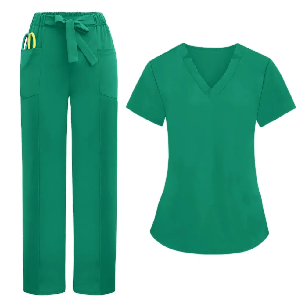 Women Doctor Nurse Work Uniform Scrubs Leg Pants Solid Color Set