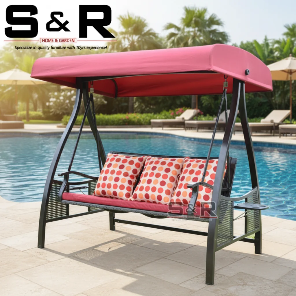 Modern Rattan Patio Garden Outdoor Furniture 3-Seater Hammock Swing Chair Waterproof Cushion for 3 People Courtyard Use