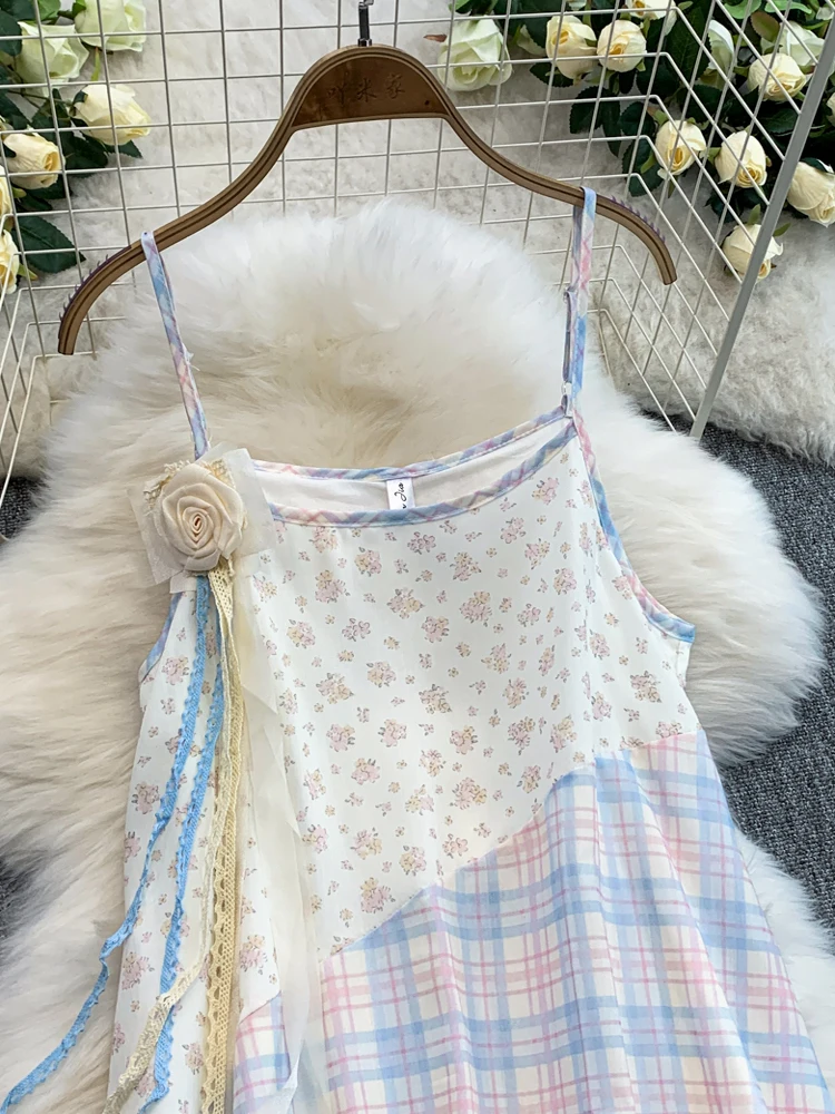 Vestido ter Floral F Novo de Verão com Design Assimétrico Estilo Coreano Material io Saia Midi de Cintura Alta