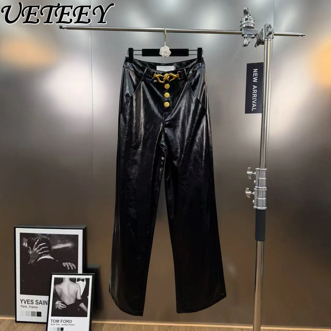 

Light Punk Style Black PU Straight Pants for Women with Metal Buckle Decoration Slimming Versatile Wide-Leg Leather Pants