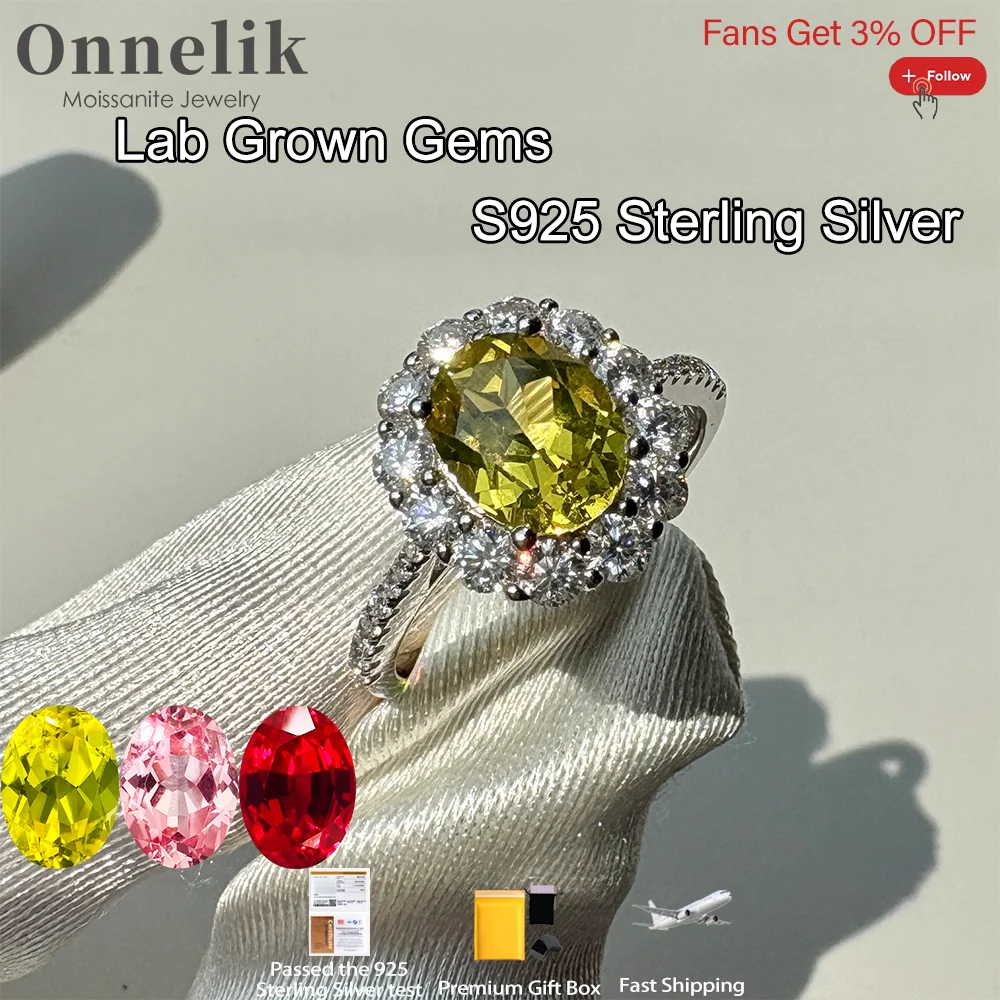 Onnelik 2CT Real Lab Grown Ruby/Canary Yellow/Padparadscha Diamond Ring 925 Sterling Silver for Women Wedding Party Fine Jewelry